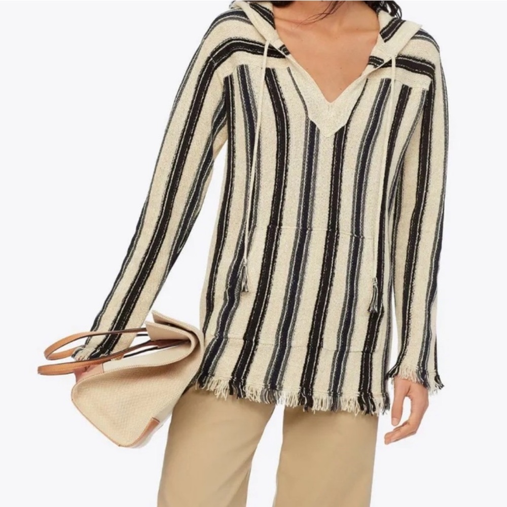 Tory Burch frayed edge sweater hoodie, XL, Navy/Creme